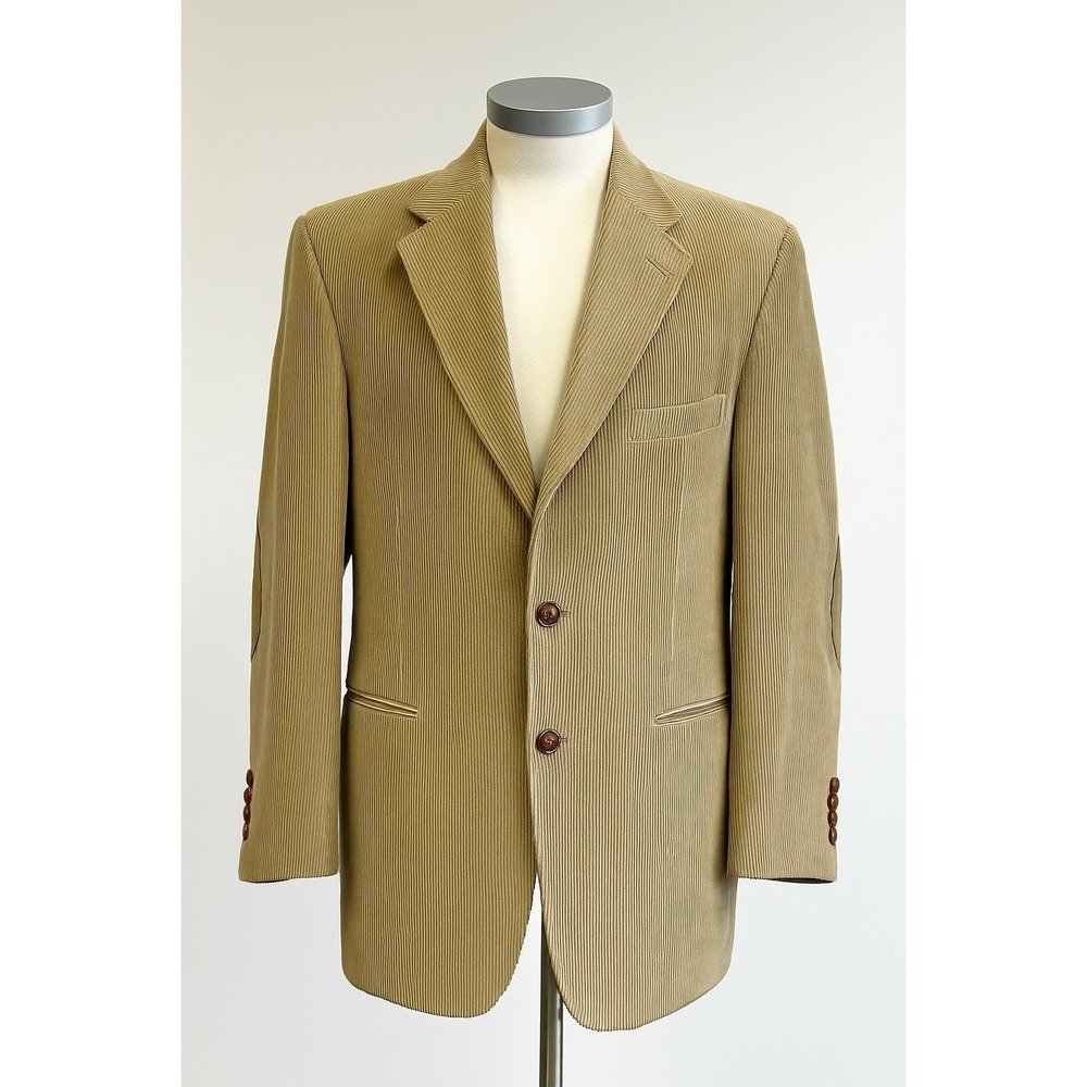 Lauren Ralph Lauren Corduroy Blazer 42R Beige Elbow Patches Tartan Plaid Lining